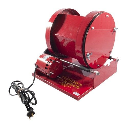Thumler's Model "B" Tumbler efficiently cleans up to 15 lbs of brass with a quiet motor, durable design, and no need for media renewal, perfect for reloaders.
