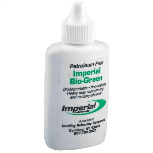 Redding's Imperial Bio-Green Case Lube is a petroleum-free, biodegradable sizing lube that offers excellent lubrication without staining brass, making cleanup easy.
