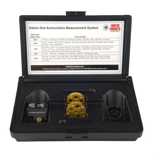 Refine your case sizing with the Forster Datum Dial Ammo Measurement System, featuring interchangeable dials for multiple calibers and a durable storage box.