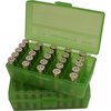 The MTM Case-Gard Flip Top Pistol Ammo Box is stackable, scuff-resistant, and features a durable Snap-Lok latch, perfect for storing 50 rounds of 357 Mag or 38 Spl.