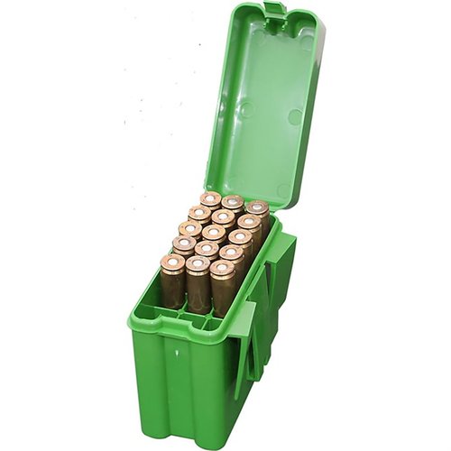 The MTM CASE-GARD 20 Round Belt Style Rifle Ammo Box keeps ammo accessible, protects bullet tips, and ensures dust, moisture resistance with a secure Snap-Lok latch.
