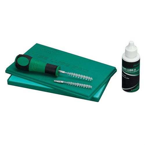The RCBS Case Lube Kit simplifies the resizing process with a Case Lube Pad 2, a 2-ounce bottle of Case Lube 2, and interchangeable brushes for .22 to .30 calibers.