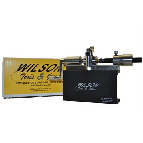 The L.E. Wilson .50 BMG Microstop Case Trimmer Kit features a longer base for longer cases, precise micro stop adjustment, and includes all essential tools for quality reloading.