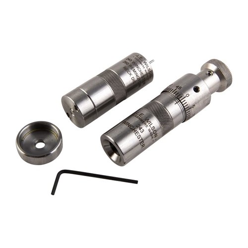 The L.E. Wilson Bushing Neck Die Kit offers precise neck resizing with interchangeable bushings and a micrometer seater die for exact bullet seating depth adjustments.