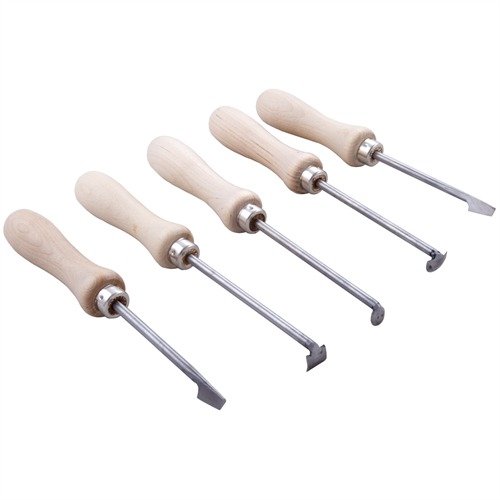 The Royal Arms Stock Inletting Tools Set offers precision wood removal in tight spaces, featuring durable 1095 carbon steel blades and a comfortable handle for reduced fatigue.