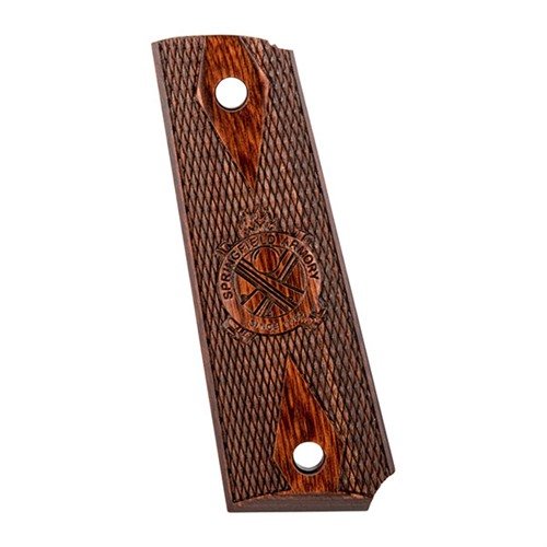 Enhance your Springfield 1911 with these Cocobolo Checkered Cross Cannon grips featuring a beveled mag well for a seamless look, sold individually.