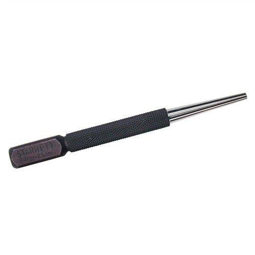The STARRETT #800C 3/32" Starter Punch features a radiused face to safely remove taper pins without damage, ensuring precision and ease in gunsmithing tasks.
