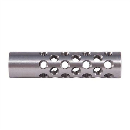 The Shrewd #1 Muzzle Brake 22 Caliber features 42 ports for reduced recoil and muzzle rise, enhancing shooting control and comfort for improved accuracy.