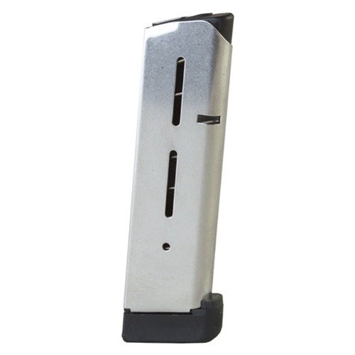 The Wilson Combat 1911 8RD .45 ACP Magazine features aircraft-grade stainless steel, an extended pad for base protection, and an 8-round capacity for reliable performance.