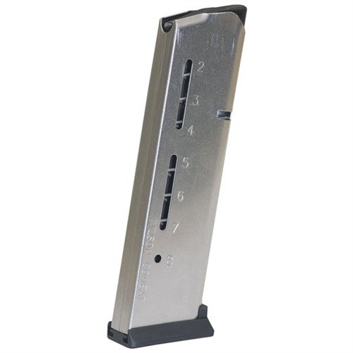 Experience unmatched reliability and smooth feeding with the Wilson Combat .45 ACP 8-round magazine, featuring a durable stainless steel body and polymer base.